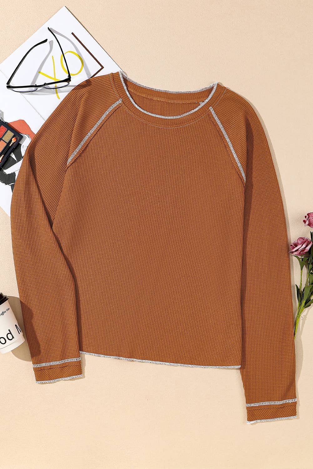 Solid Knit Textured Round Neck Long Sleeve Top (S-2XL)