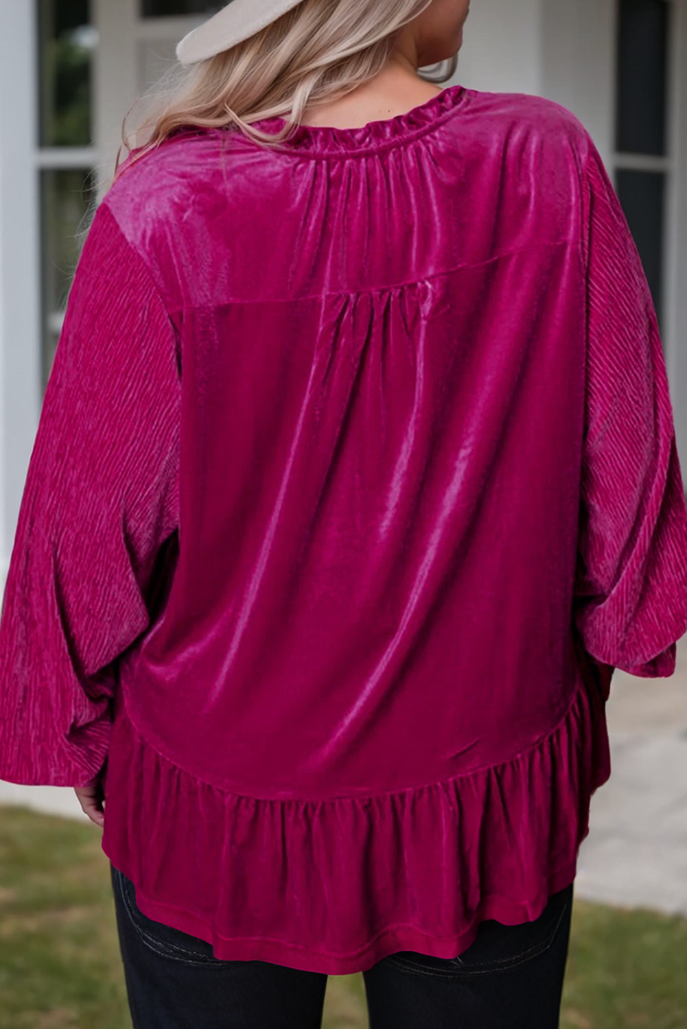 Fuchsia Ruffled Long Sleeve Blouse