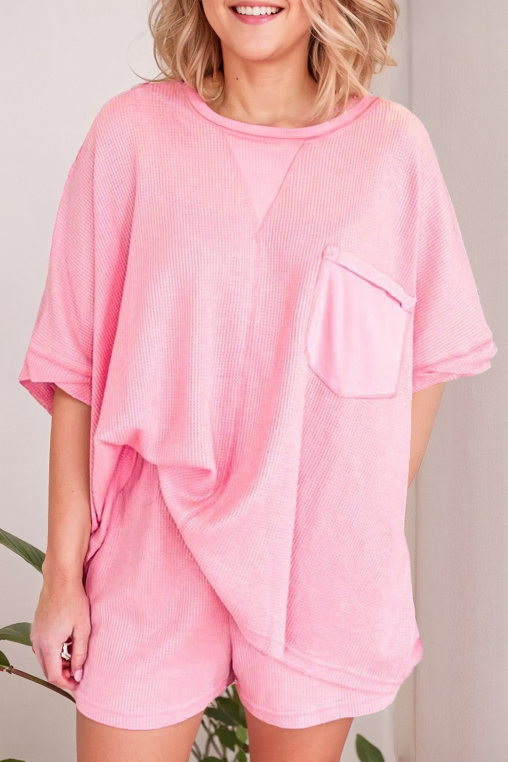 Plus Size Ribbed Exposed Seam Tee and Shorts Set