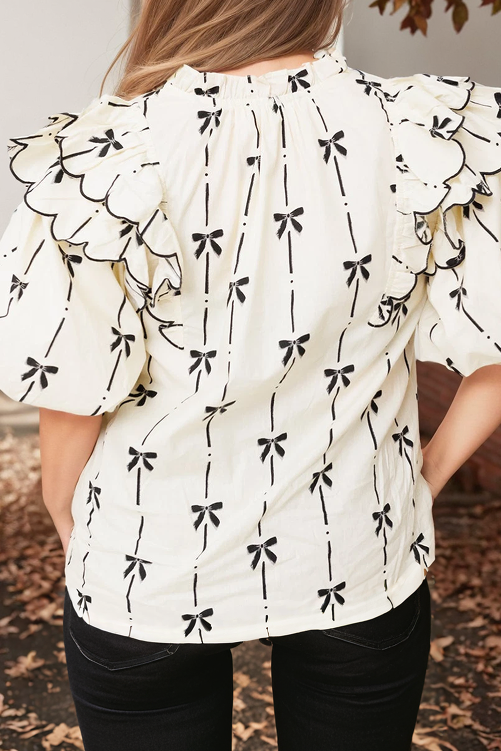 Ruffled Bubble Sleeve Notched Neck Blouse (S-4X)