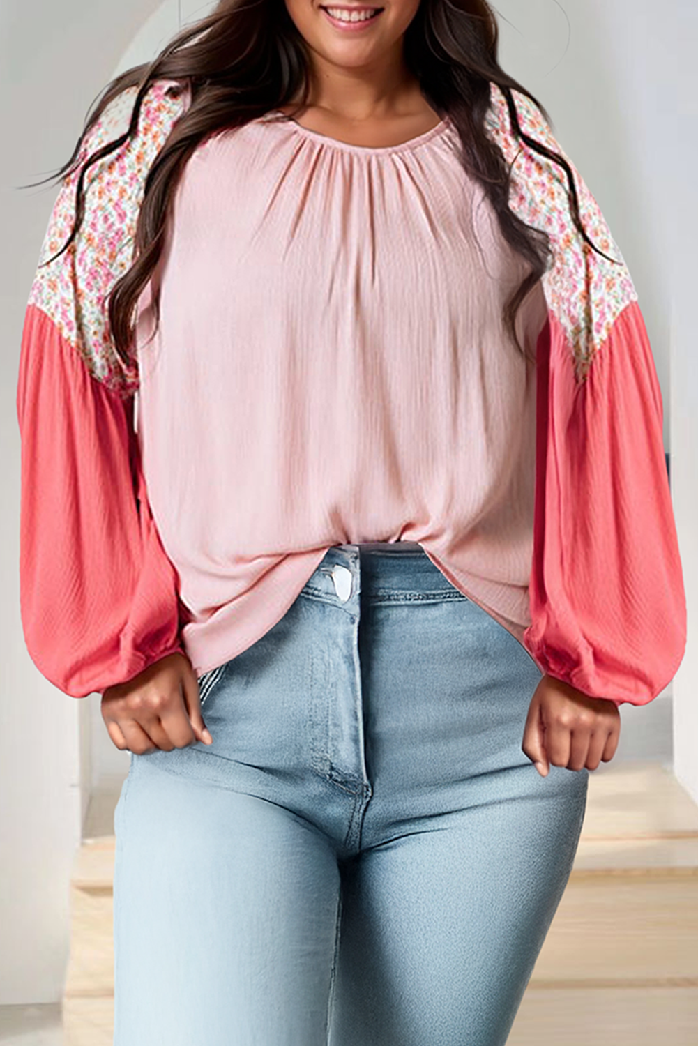 Plus Size Contrast Floral Patchwork Long Sleeve Blouse