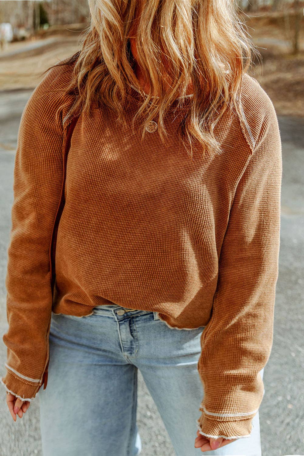 Solid Knit Textured Round Neck Long Sleeve Top (S-2XL)