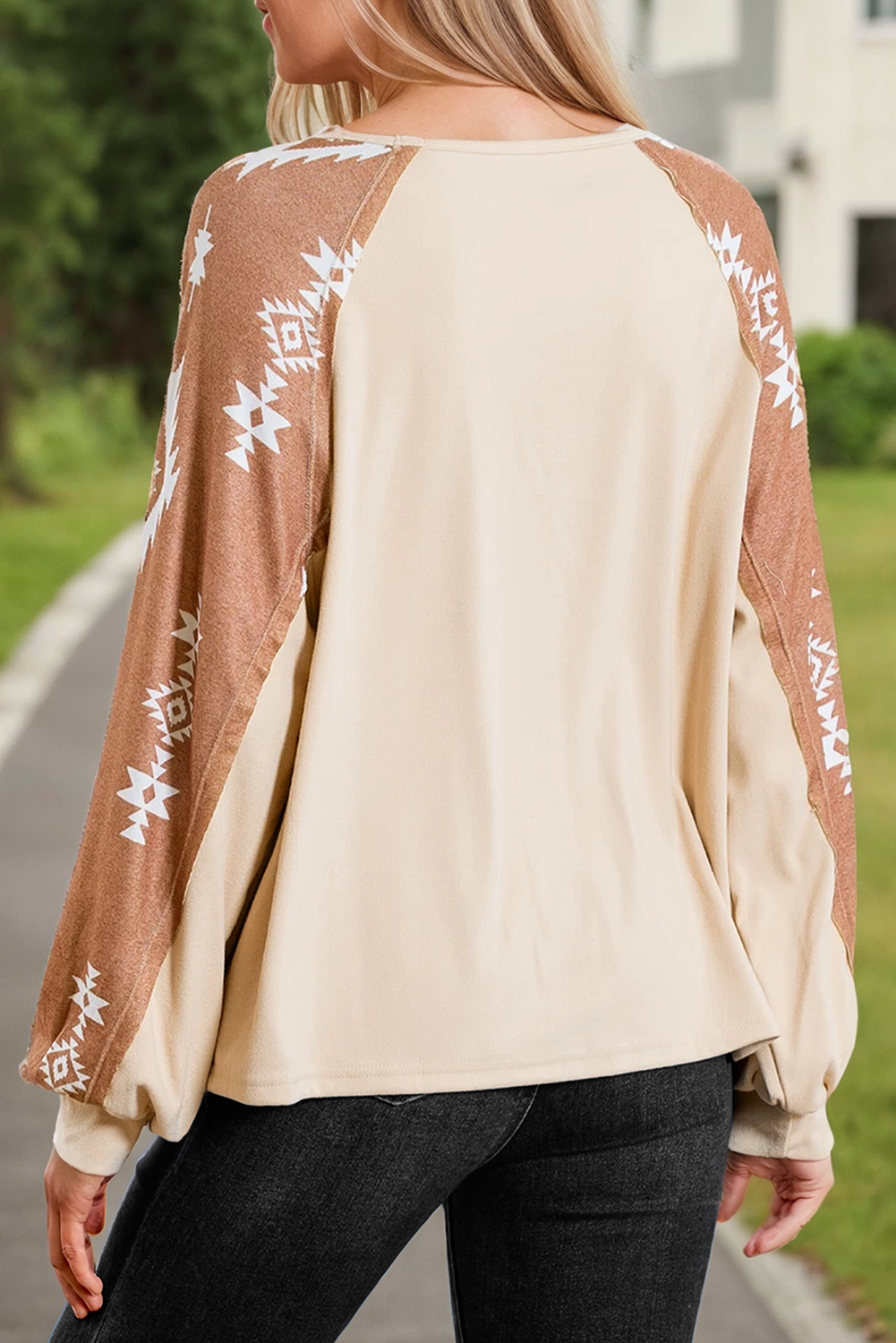 Western Print Patch Round Neck Long Sleeve