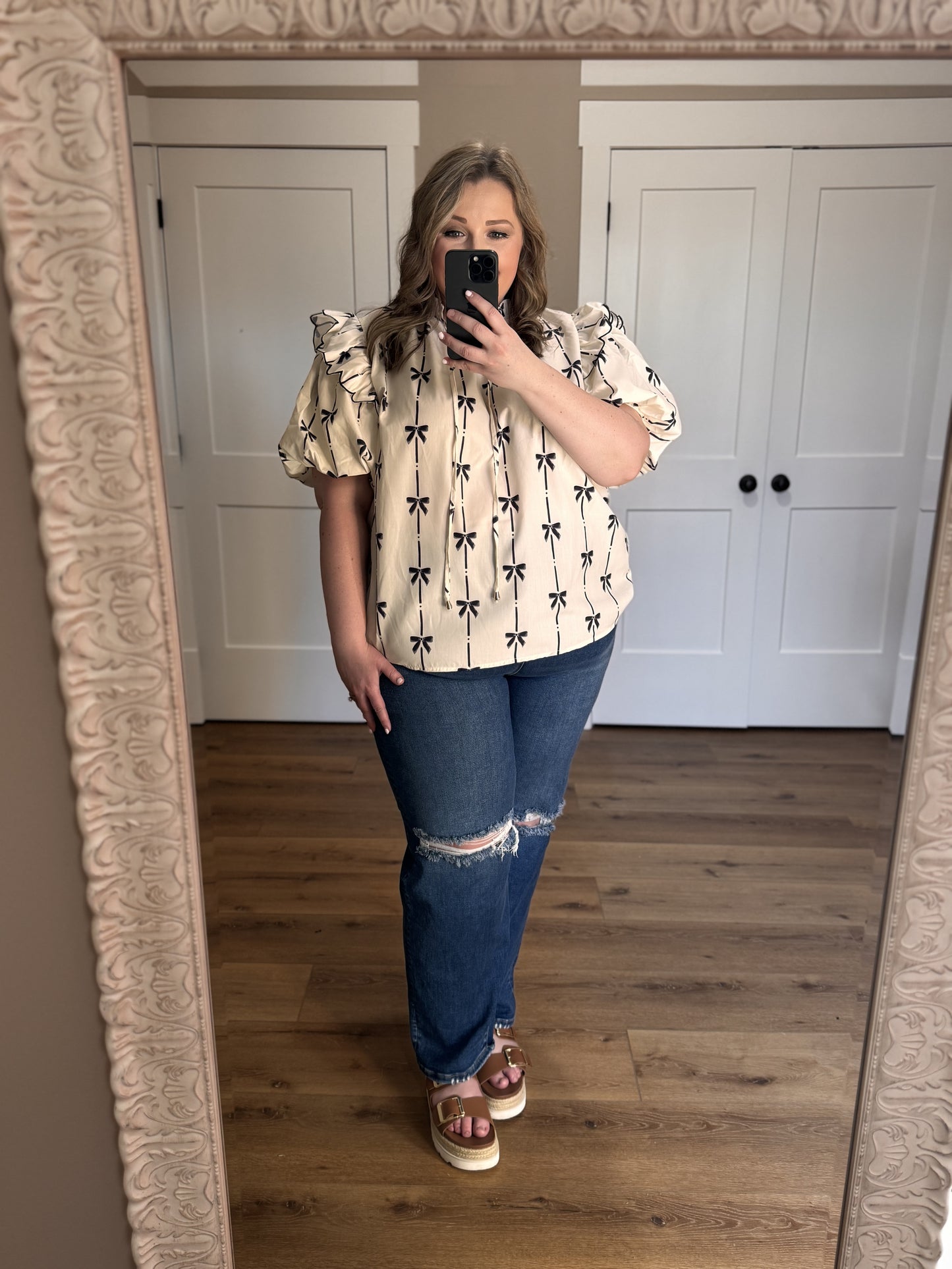 Ruffled Bubble Sleeve Notched Neck Blouse (S-4X)