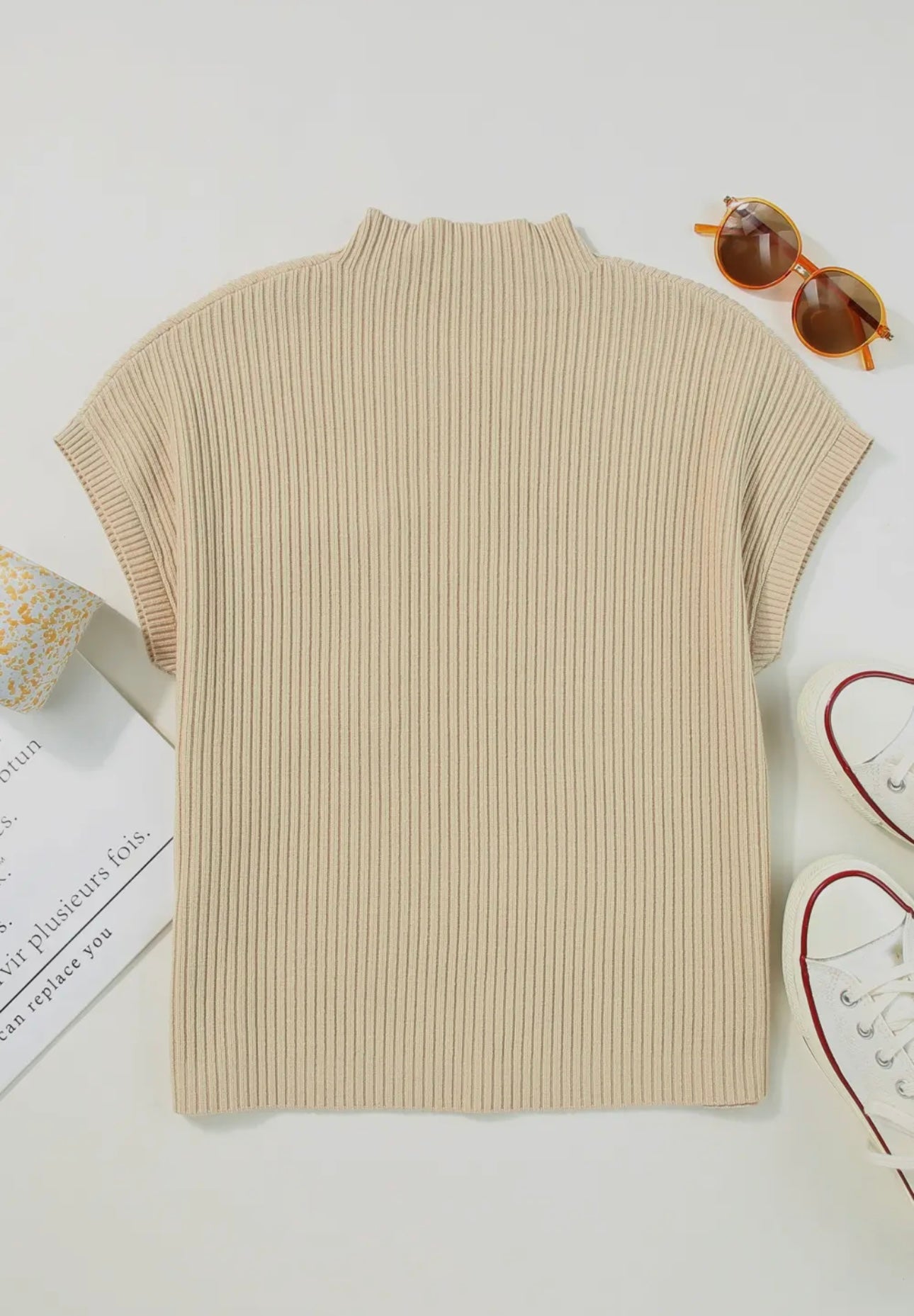 Pocket Ribbed Knit Short Sleeve Sweater
