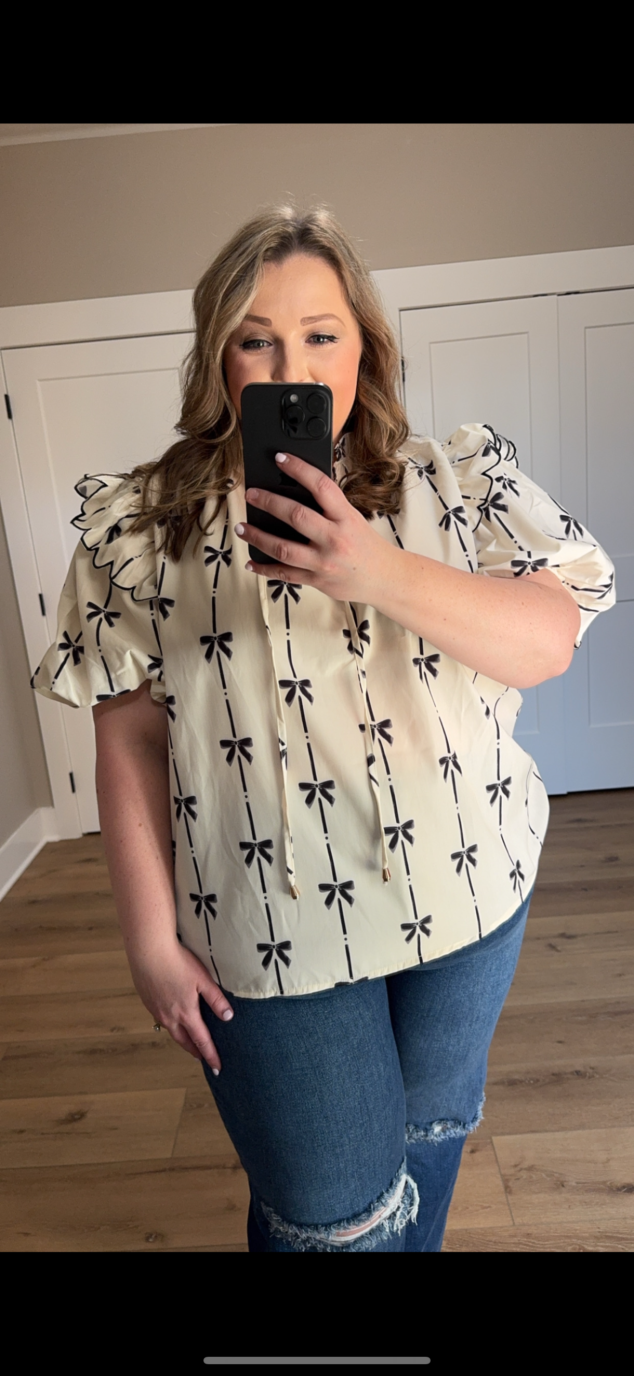 Ruffled Bubble Sleeve Notched Neck Blouse (S-4X)