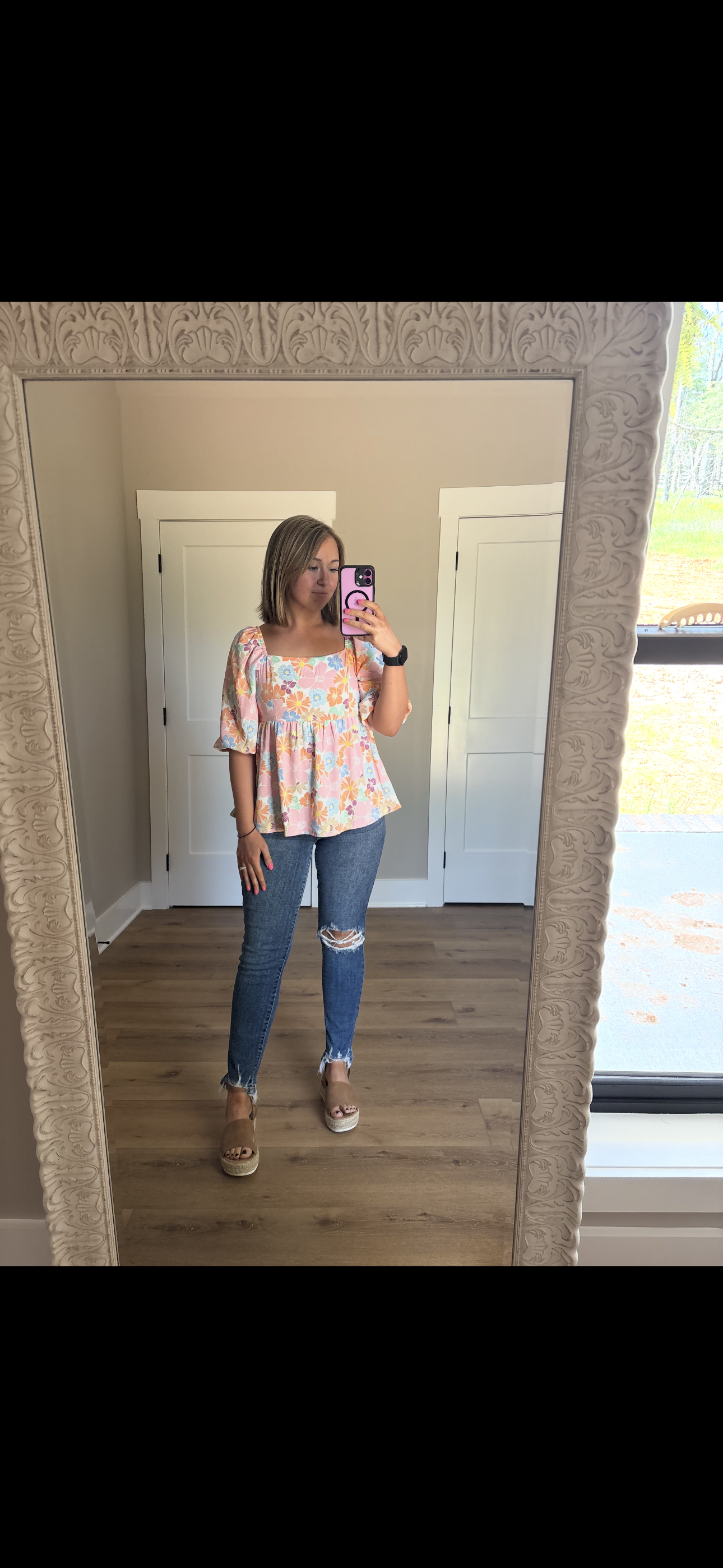 Floral Puff Sleeve Square Neck Babydoll Blouse