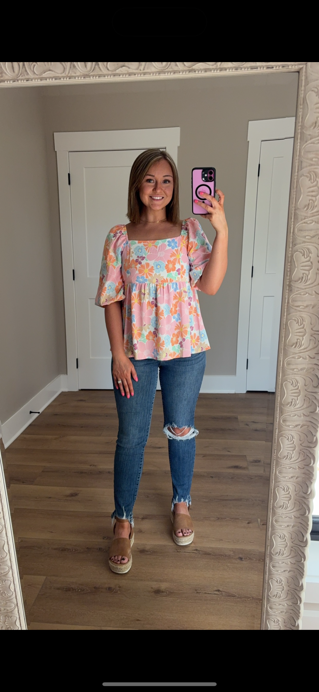 Floral Puff Sleeve Square Neck Babydoll Blouse