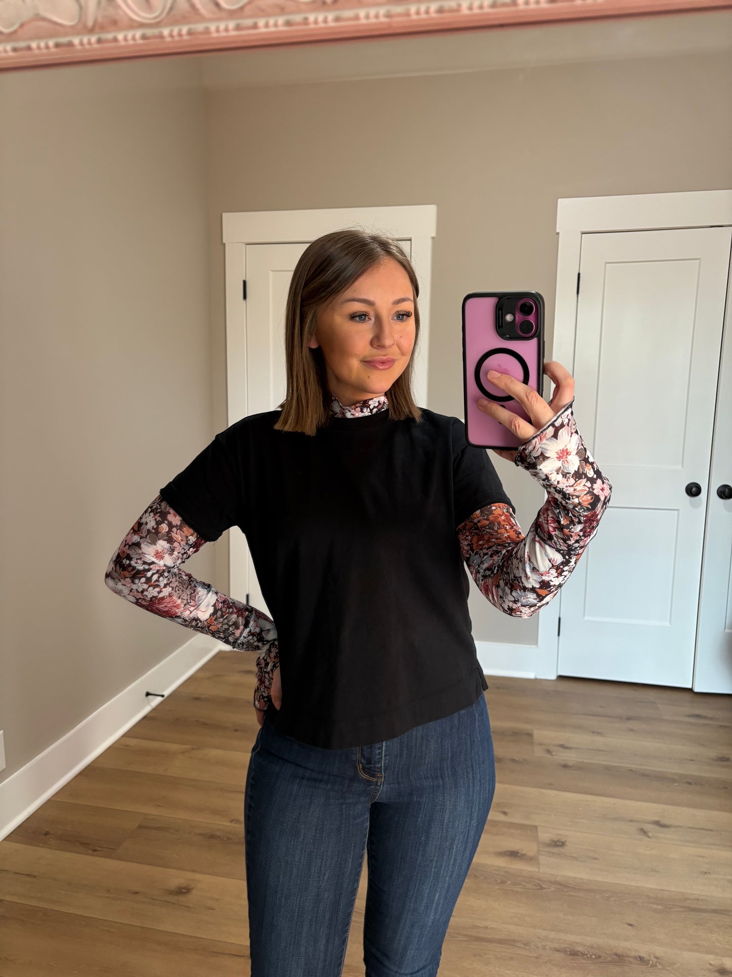 Floral Long Sleeve High Neck Sheath Mesh Blouse