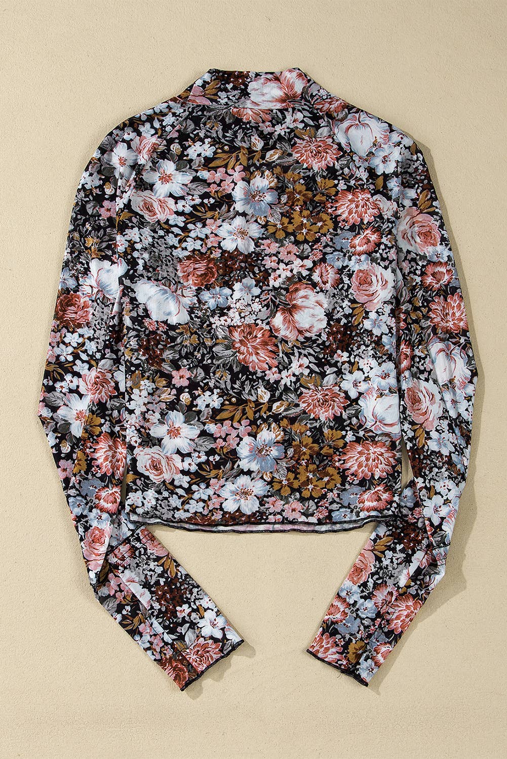 Floral Long Sleeve High Neck Sheath Mesh Blouse