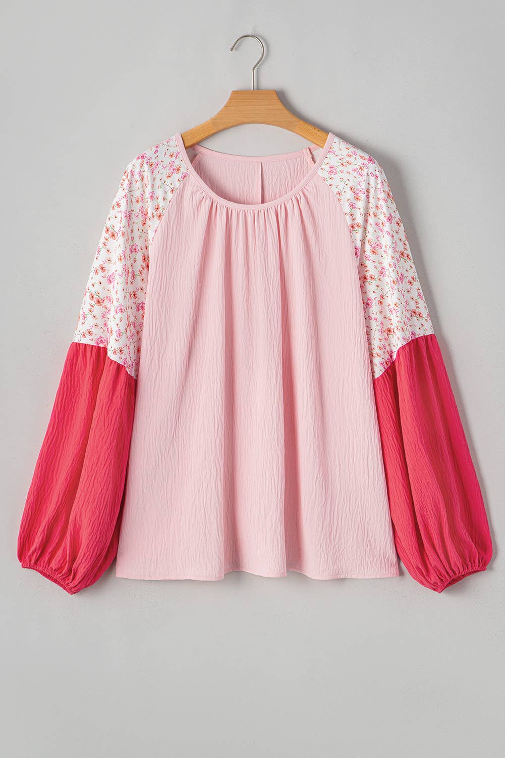 Plus Size Contrast Floral Patchwork Long Sleeve Blouse