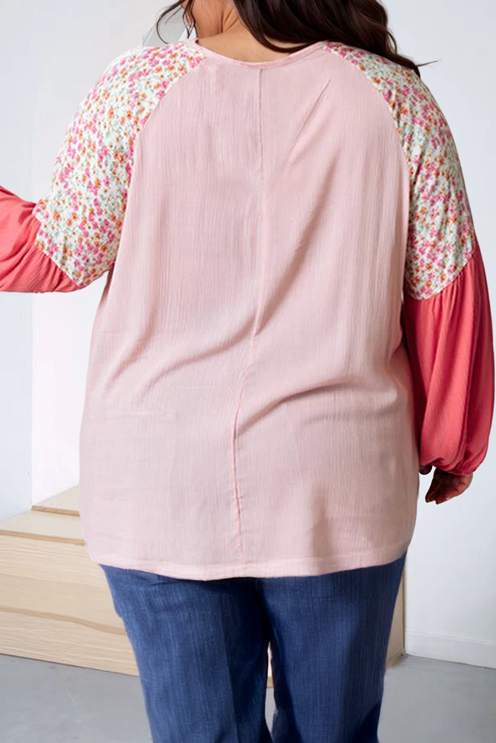 Plus Size Contrast Floral Patchwork Long Sleeve Blouse