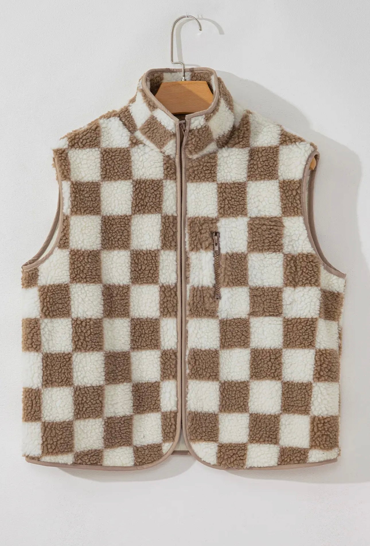 Checkered Sherpa Sleeveless Zip Up Jacket Vest