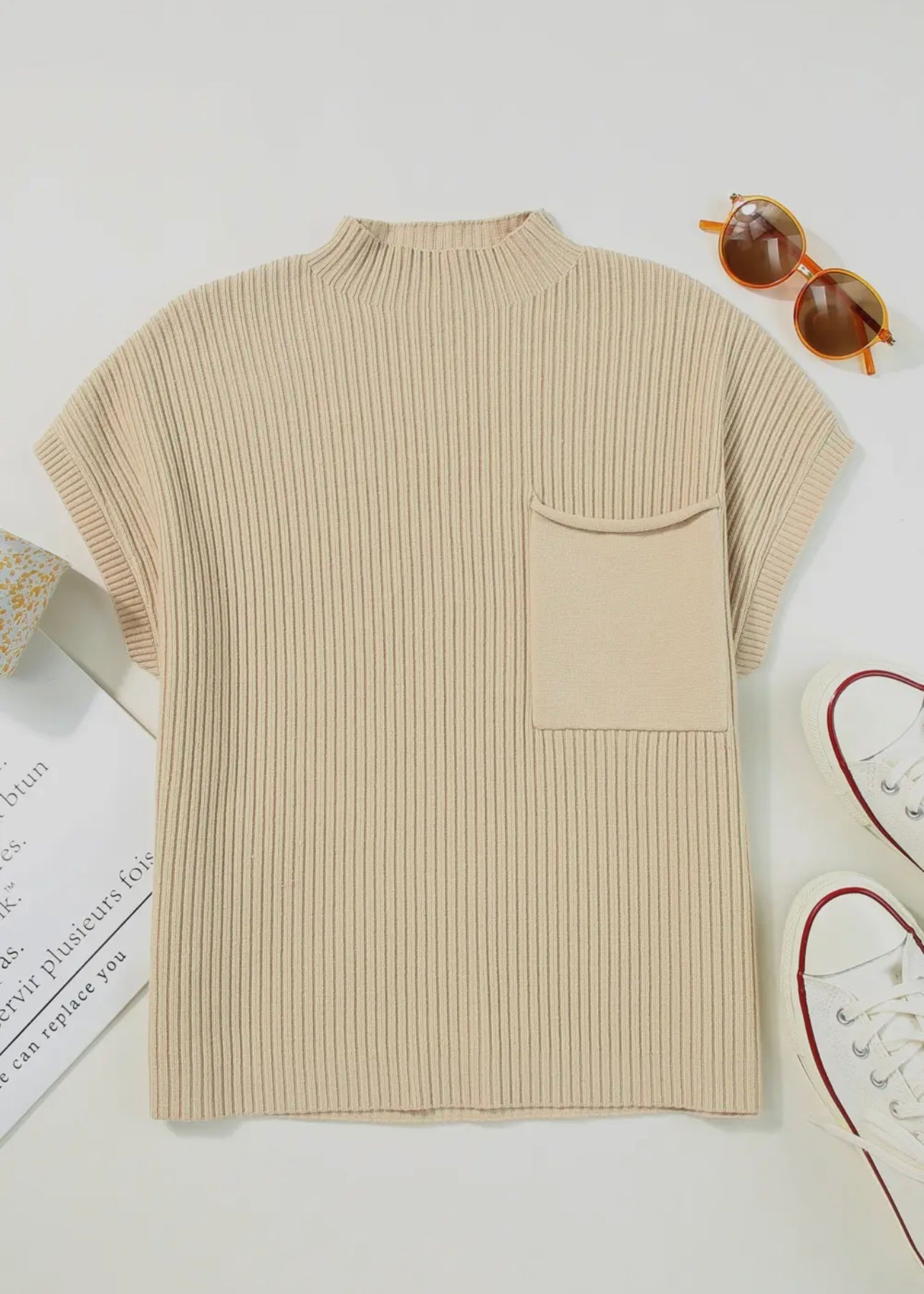 Pocket Ribbed Knit Short Sleeve Sweater