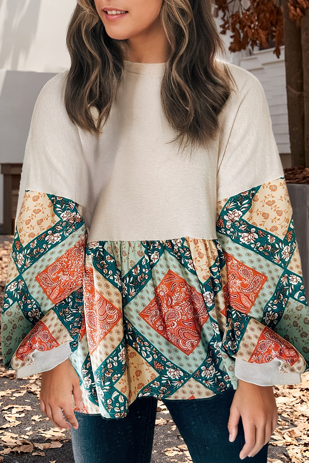 Paisley Geometric Patchwork Crew Neck